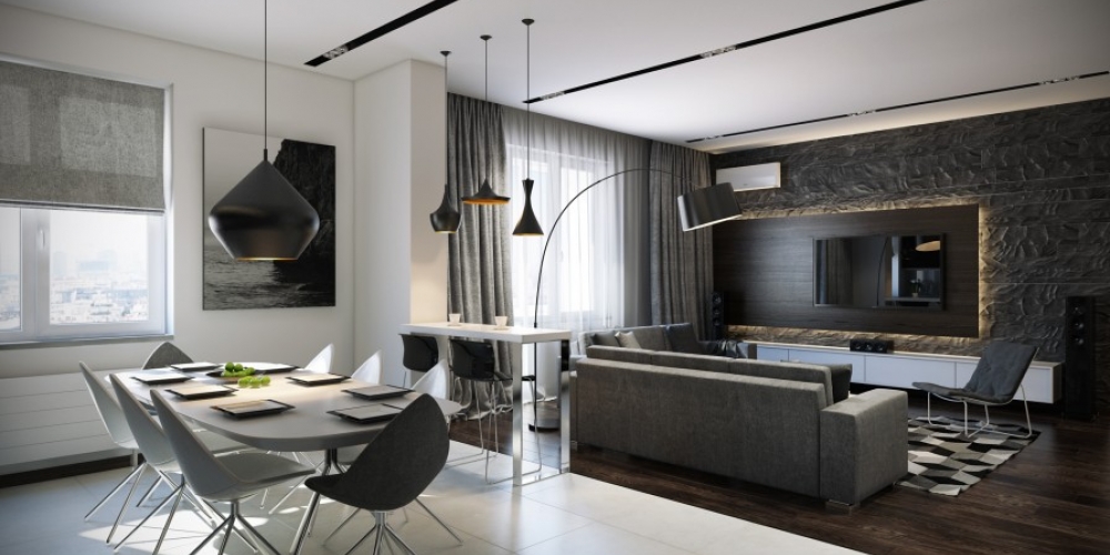 Obývačka s jedálňou v sivých odtieňoch